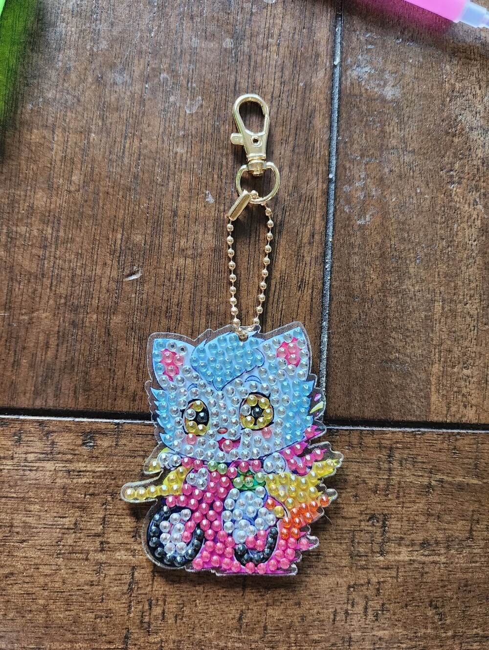 Rainbow Cat Crystal Key & Card Holder Charm - Gold Hardware